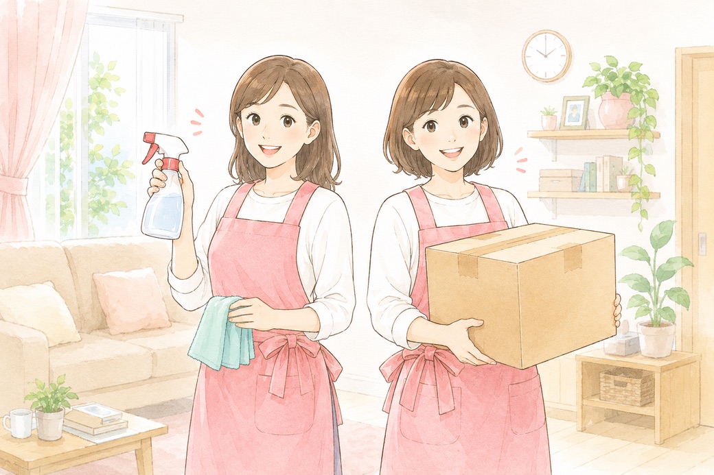 掃除や荷物運びを行う女性スタッフのイラスト